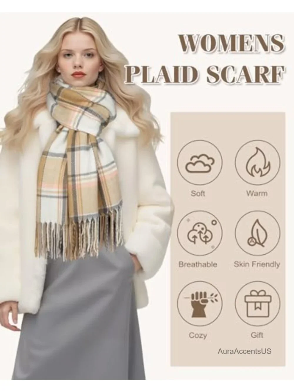 Warm Plaid Winter Scarf for Women, Cashmere-Like Acrylic Wrap Shawl